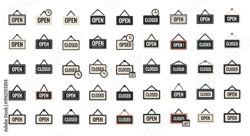 Collection of various open sign icons.