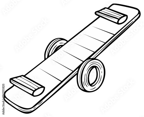 Whimsical cartoon drawing of a rolling seesaw playground toy balanced on two wheels