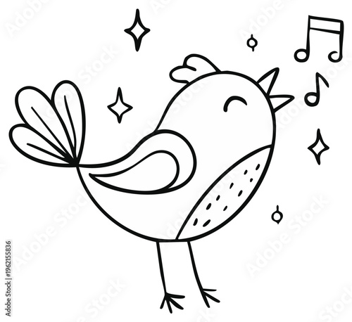 Cartoon bird singing musical notes with stars, black and white outline illustration.