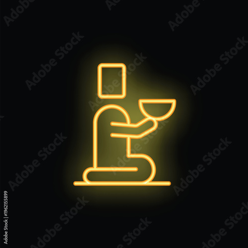 Neon sign depicting a person kneeling and holding a bowl, symbolizing concepts like hunger, poverty, and charity