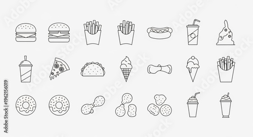 Collection of Fast Food Icons - Burgers, Fries, Pizza, and More.