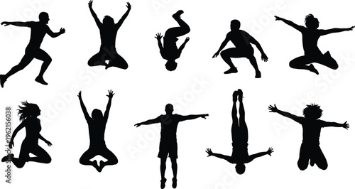 WebJumping People Silhouette Set, Athletic Men and Women Vector, Parkour Stunts, Fitness Action Poses, Extreme Sport Celebration, Active Lifestyle Elements Collection