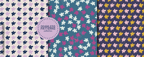A seamless vector patterns collection: orderly floral motifs in navy, blush, teal, magenta, cream, and indigo, mustard, pink 