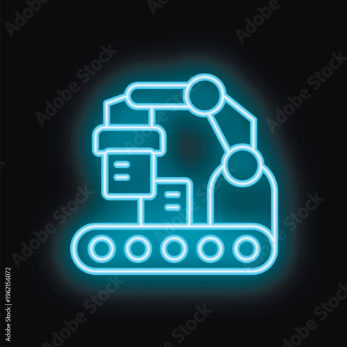 Glowing blue neon icon representing a robotic arm moving boxes on a factory conveyor belt