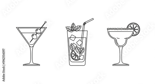 Cocktail glasses with drinks and garnishes martini mojito and margarita illustrations