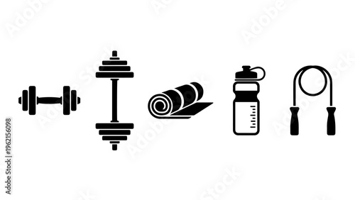Fitness icons, gym equipment and accessories for workouts