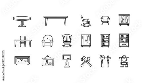 Linear wood furniture icon pack with thin line tables chairs cupboard and carpenter elements vector collection isolated on white background