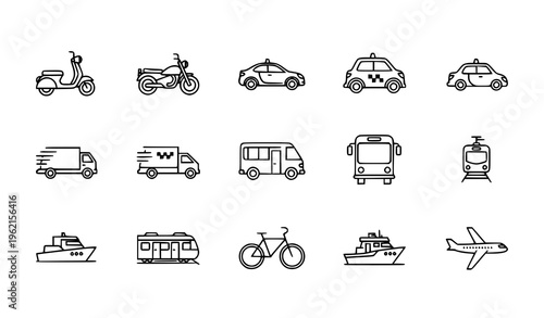 Modern transport line icon pack with scooter taxi truck car train and vehicle elements vector collection isolated on white background