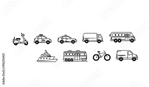 Minimal transport icon collection with scooter taxi car truck and vehicle elements thin line vector set isolated on white