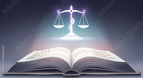 Glowing scales of justice above an open law book on a dark background with radiant light