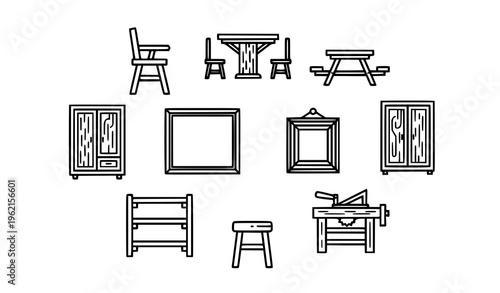 Bold linear wood furniture icons set with high chair dining table wardrobe and carpentry tools vector collection isolated on white background
