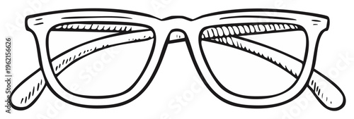Drawn vintage eyeglasses illustration. Black and white ink sketch of eyewear accessory.