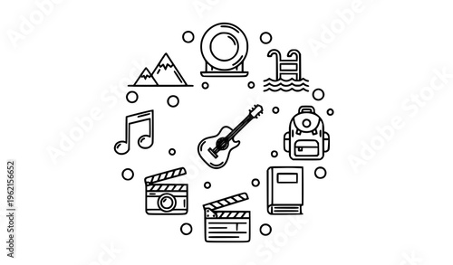 Bold hobbies and lifestyle icons set with travel music swimming and entertainment elements vector collection isolated on white background