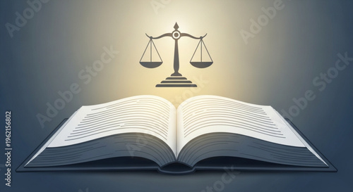 Open law book with balance scales on top symbolizing justice and legal knowledge with a radiant background