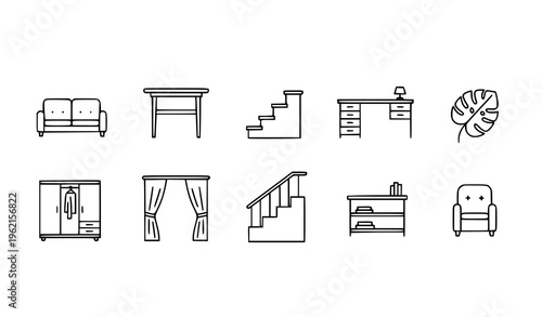 Bold furniture and household icons set with sofa table stairs plant and interior decor elements vector collection isolated on white background