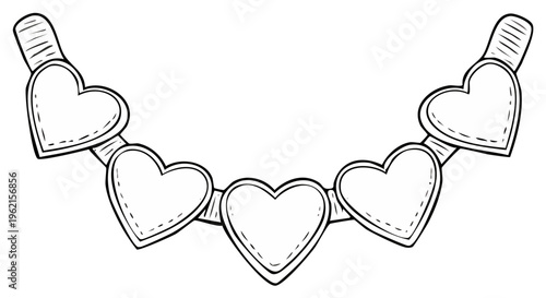 Hand drawn illustration of a simple necklace with five empty heart shaped pendants in a line