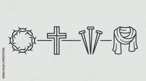 Flat vector illustration of a somber religious symbolism scene with a crown of thorns, a cross, three nails, and a burial shroud arranged horizontally on a gray background, viewed from a perspective