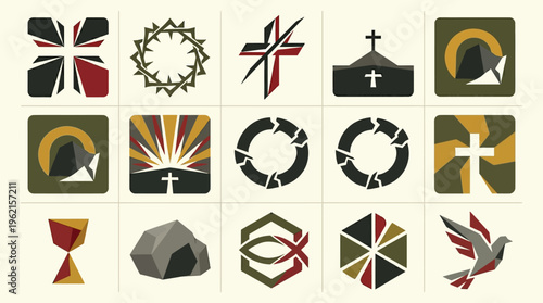 Displaying a curated collection of flat vector icons portraying religious symbols arranged in a four‑by‑four grid on a pale yellow background, viewed straight on from a design studio perspective