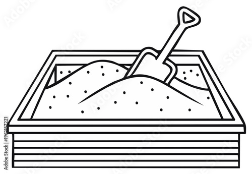 Sand box with shovel in black and white outline for coloring book pages or worksheets