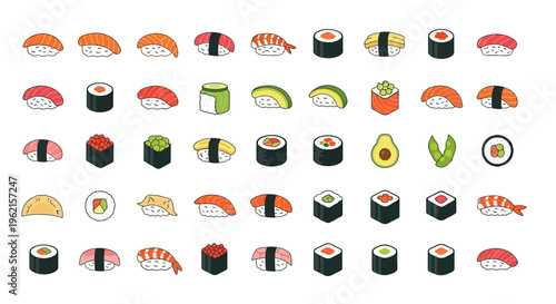 A variety of sushi and sashimi pieces.