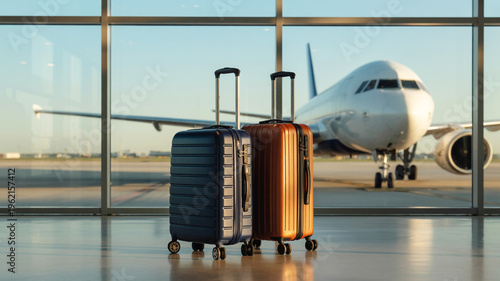 two suitcases on airport terminal floor in front of airplane window
