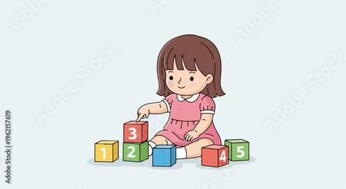 Cute little girl playing with colorful number blocks, stacking them to learn counting, illustrating early childhood education, development, and playful learning.