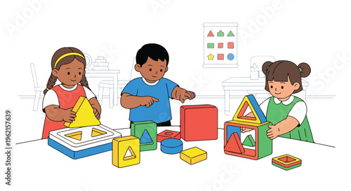 Diverse young children actively engage in playful learning with colorful geometric shape toys, fostering early childhood development and creativity in a bright classroom setting.