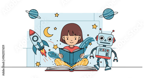 Young girl reading a book, sparking imagination with rockets, planets, and a robot. Childhood dreams of science, space exploration, and future technology.