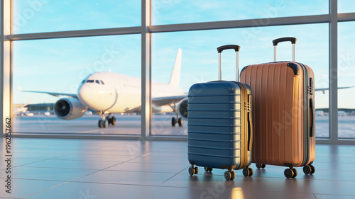 Two suitcases on airport floor in front of airplane and window