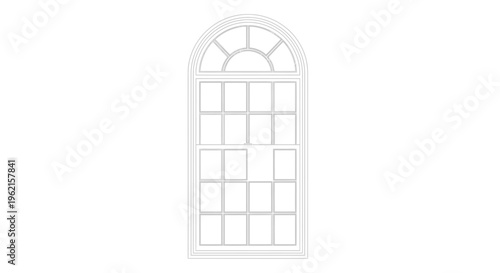 Outline of a classic arched window frame with multiple panes, isolated white background.