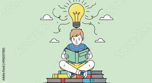 Young boy reading a book while sitting on a stack of books, with a bright idea lightbulb above his head, symbolizing education, knowledge, and creative thinking.