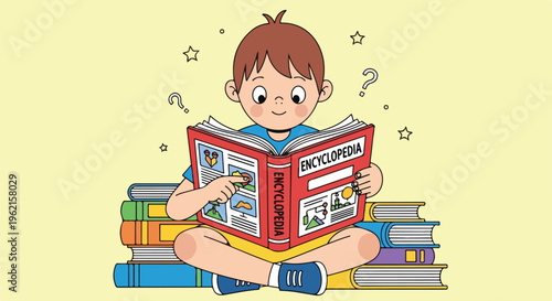 Curious boy sitting cross-legged reading an open encyclopedia surrounded by a stack of books, learning and knowledge concept