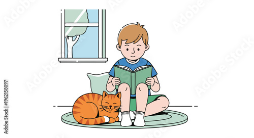 Cute cartoon boy reading a book with his ginger cat next to him by the window, illustration