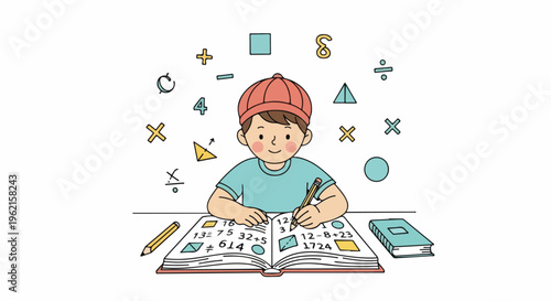 Cute boy wearing a red cap studying math with numbers and symbols floating around him, illustration