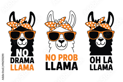 Stylish llamas cartoon set with humorous quotes for t-shirts and stickers