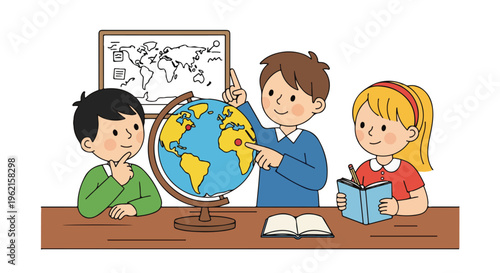 Children learning geography with a globe and world map in a classroom setting, illustration.