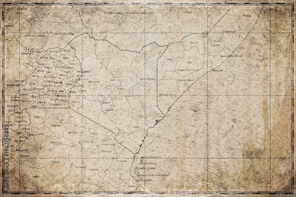 Fototapeta premium Vintage Map Of Kenya With Counties On Retro Paper Background