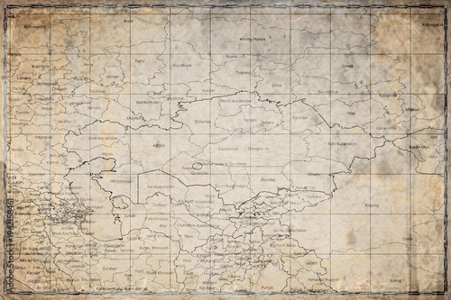 Vintage Map Of Kazakhstan With Regions On Retro Paper Background