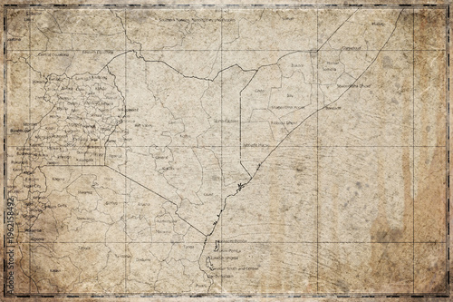 Vintage Map Of Kenya With Counties On Retro Paper Background