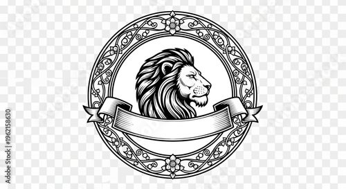 Detailed black and white illustration of a roaring lion head crest in an elegant circular frame, on transparent background, conveying strength and royalty.