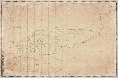 Vintage Map Of Kyrgyzstan With Regions On Retro Paper Background