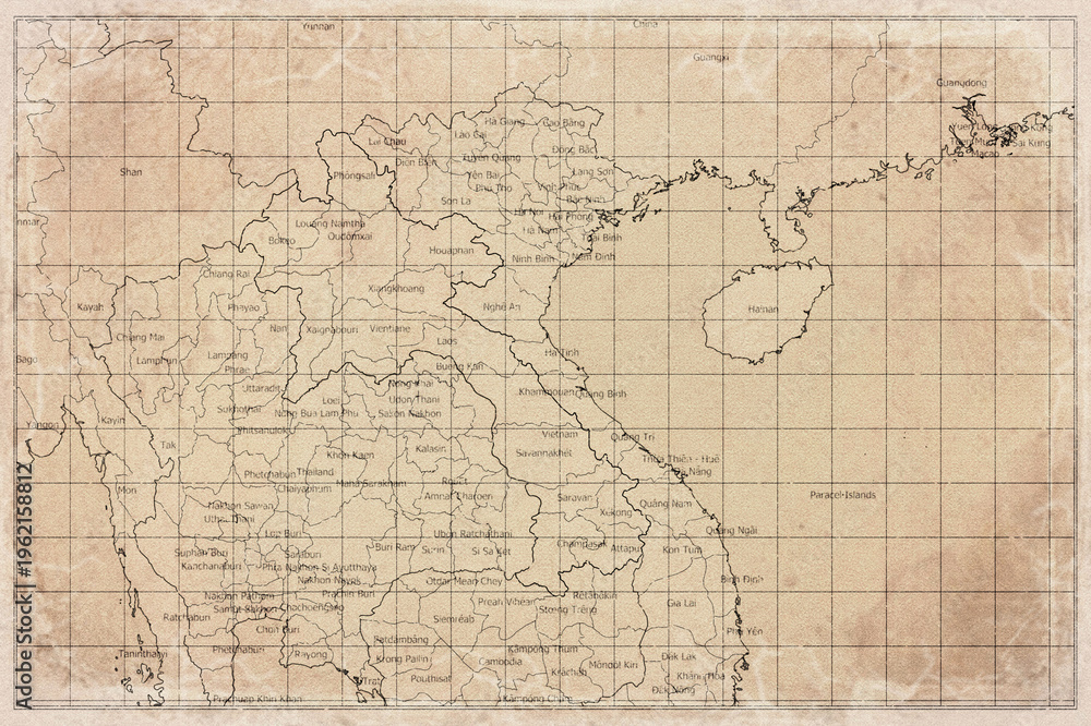 Fototapeta premium Vintage Map Of Laos With Provinces On Retro Paper Background