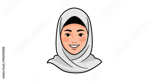 Cartoon woman wearing a hijab smiling.