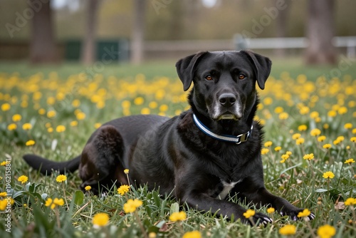 A black and white dog laying in a field of yellow flowers