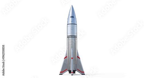 A sleek silver model rocket standing upright.