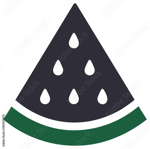 Simple watermelon slice icon with dark flesh and drop shaped seeds. Minimalist flat vector design for summer food concepts.