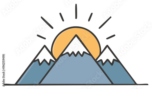 Mountain Peaks with Snow and Rising Sun, Cartoon Style Landscape Illustration