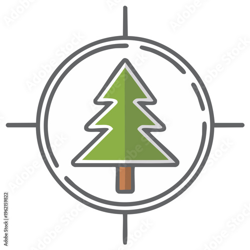Green pine tree icon centered within a target crosshairs symbol representing forest location and environmental focus