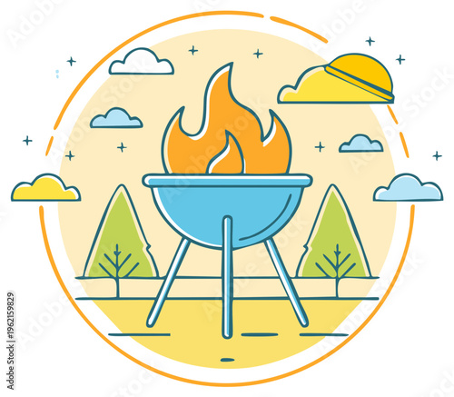 Colorful barbecue grill with fire, trees, and clouds, summer outdoor cooking illustration