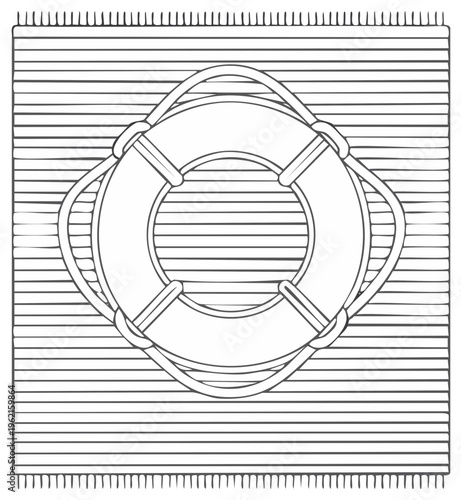 Coloring page with a lifebuoy on a striped beach towel, hand drawn summer illustration